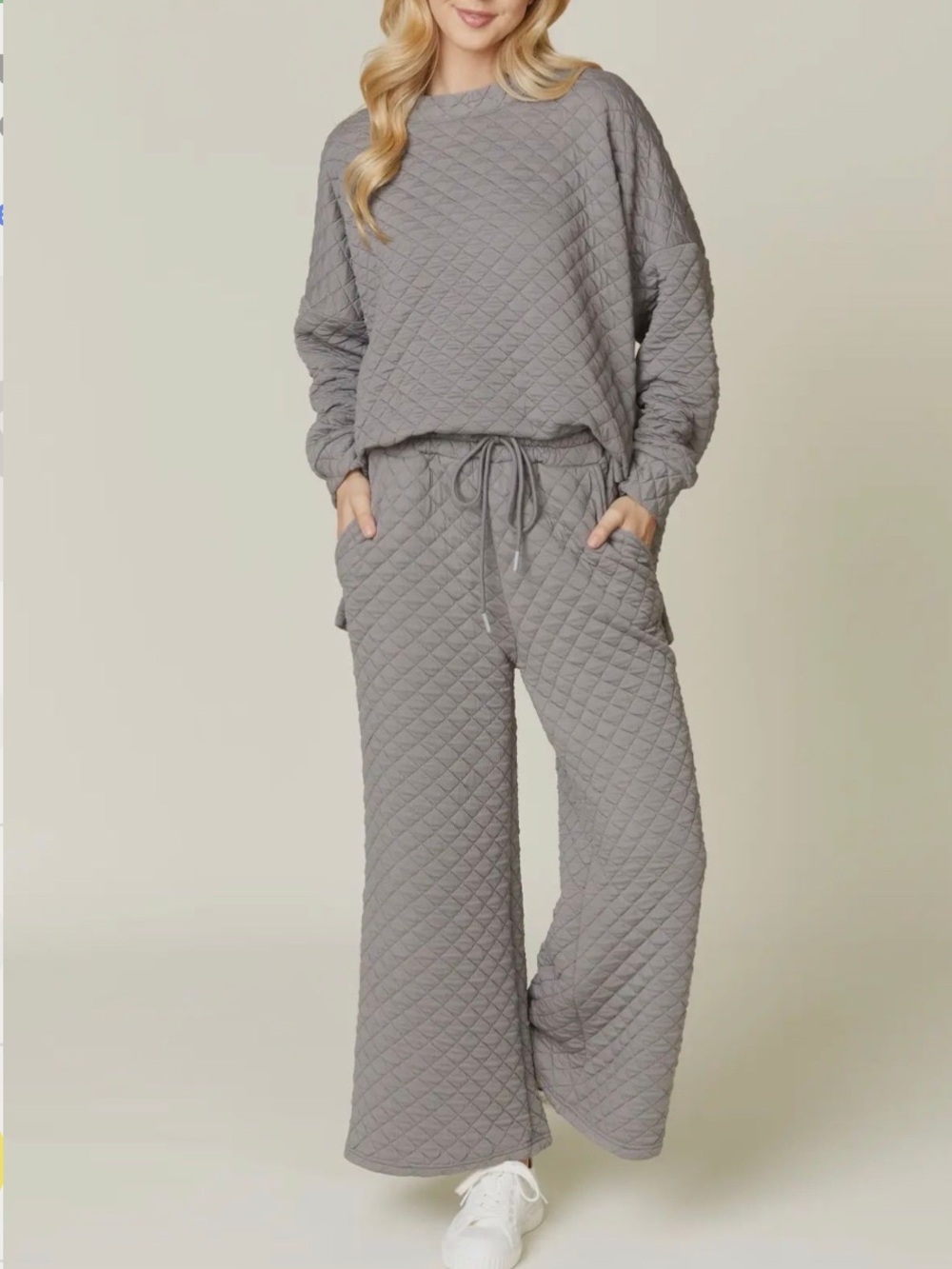 Quilted 2-Piece Women’s Wide-Leg Boutique Loungewear Set in Grey NWT